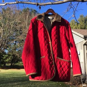 Orvis Women’s Small Coat Red Quilted Brown Corduroy Snap Front Work Chores Barn